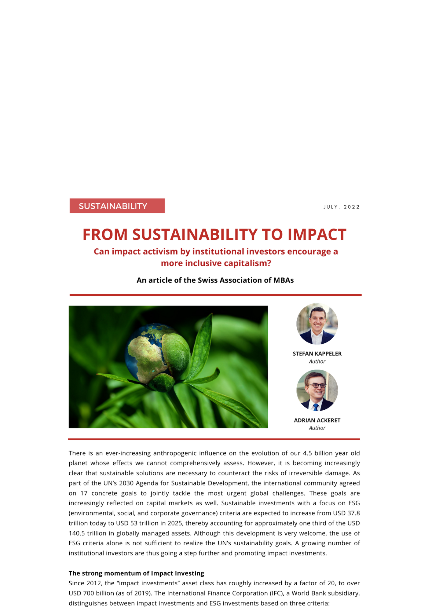 FROM SUSTAINABILITY TO IMPACT - Can impact activism by institutional investors encourage a more inclusive capitalism?